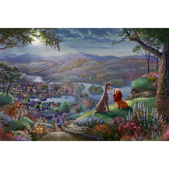 Lady And The Tramp Falling In Love by Thomas Kinkade Disney Disney Fine Art Release Giclee On Canvas