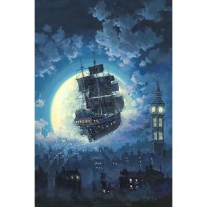 Rodel Gonzalez Sailing Into the Moon Hand-Embellished Giclee on Canvas