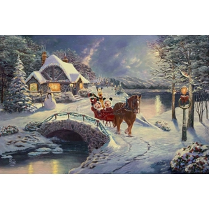 Thomas Kinkade Disney Mickey and Minnie Evening Sleigh Ride Giclee On Canvas